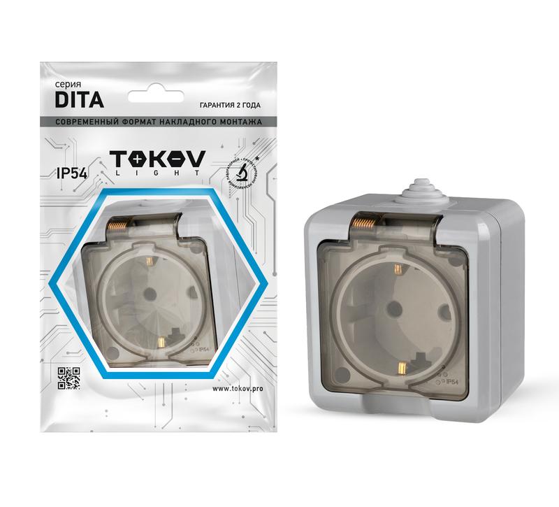 Розетка 1-м ОП Dita 16А IP54 250В с заземл. с прозр. крышкой сер. TOKOV ELECTRIC TKL-DT-R1Z-C06T-IP54