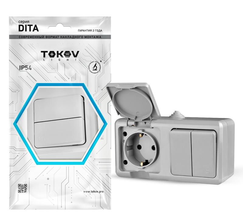 Блок ОП Dita (розетка 16А 250В с заземл. + 2-кл. выкл. 10А) IP54 сер. TOKOV ELECTRIC TKL-DT-V2RZ-C06-IP54