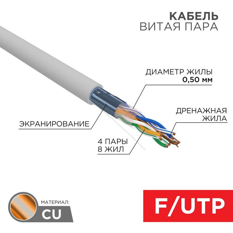 Кабель витая пара F/UTP кат.5E 4х2х24AWG ZH нг(А)-HF solid CU сер. (305м) Rexant 01-0169